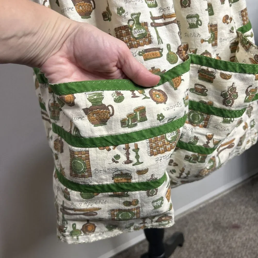 Vintage Retro Half Apron 1970's w/ Kitchen Theme Mushrooms Green Brown Handmade